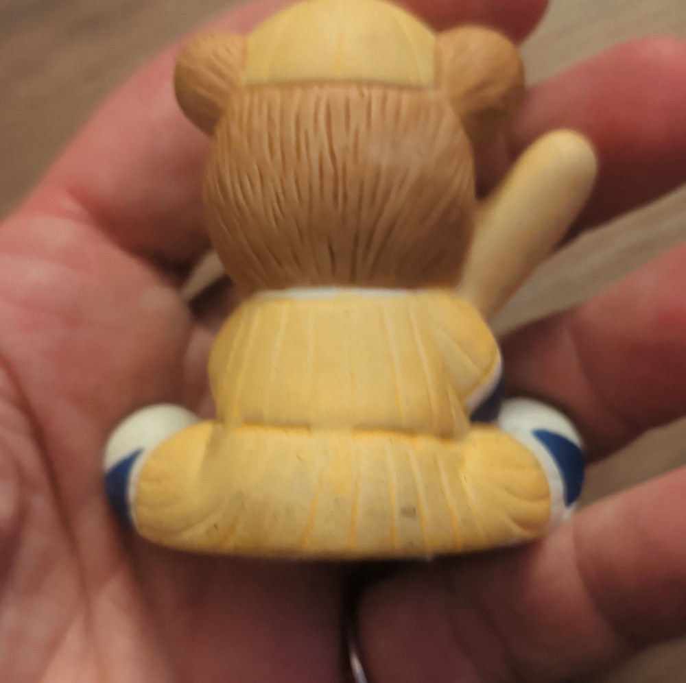 Ceramic Bear Figurine, Brown Yellow Blue, Baseball Player, Hand Painted