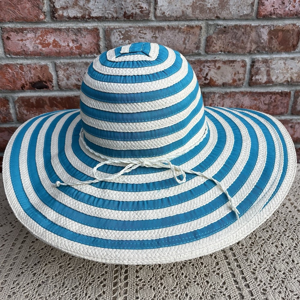 Jacobson Striped Ribbon Sun Beach Hat Turquoise & White Packable OSFA