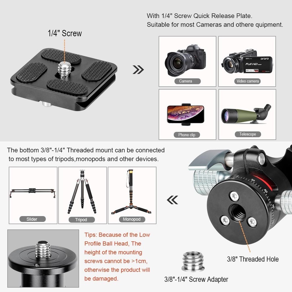 Koolehaoda Tripod Head Mini Ball Head Camera 360° Panoramic Head