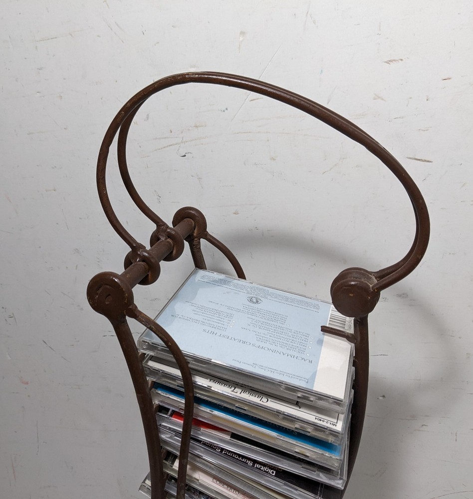 Vintage Rustic Wrought Iron Sculptural CD Storage Display Rack Stand Handle