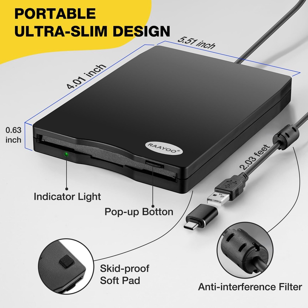 USB Floppy Disk Reader 3.5 inch External Portable 1.44 MB FDD Floppy Disk Dri...
