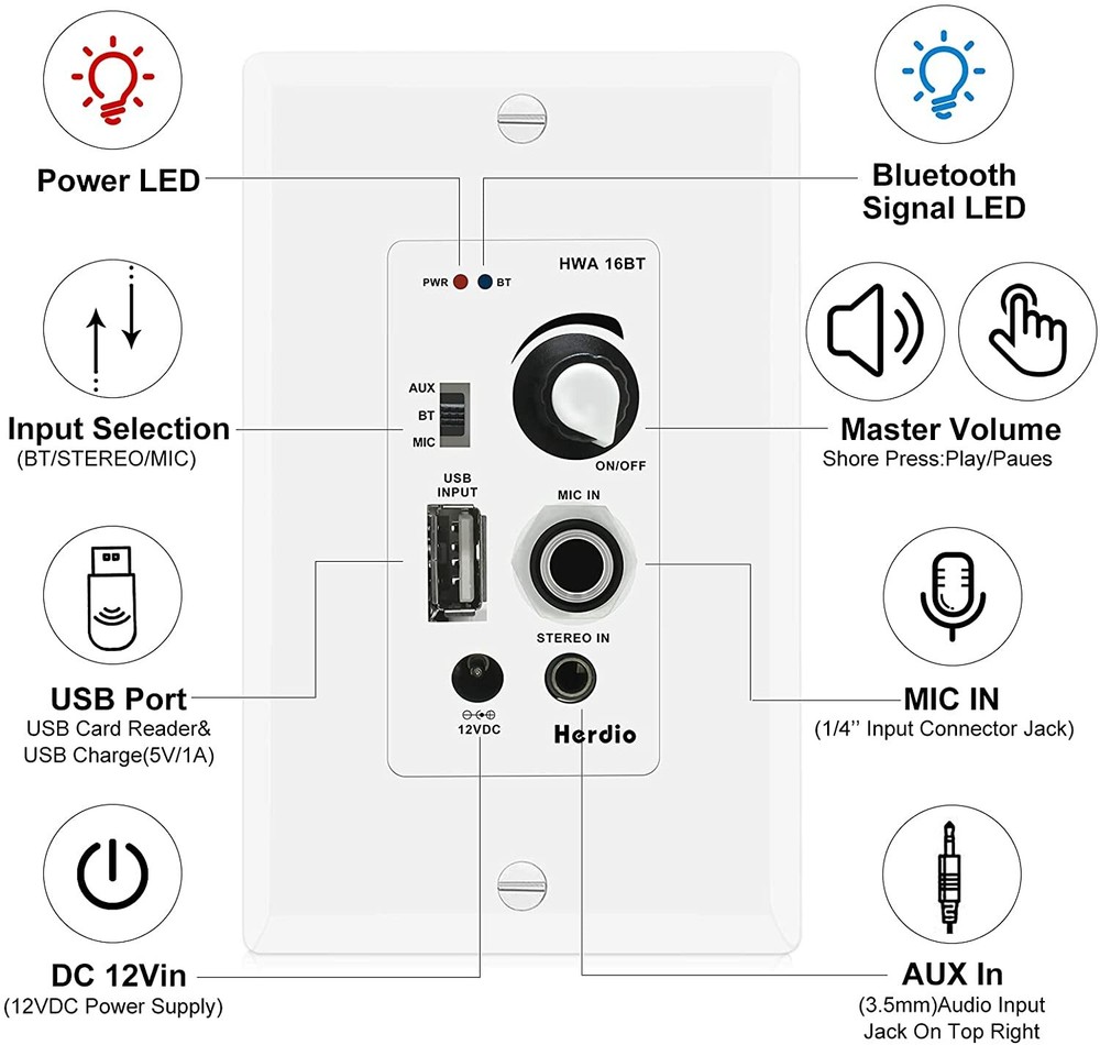 Herdio Ceiling Speakers 2-Way Flush Mount + Bluetooth Amplifier Receiver USA