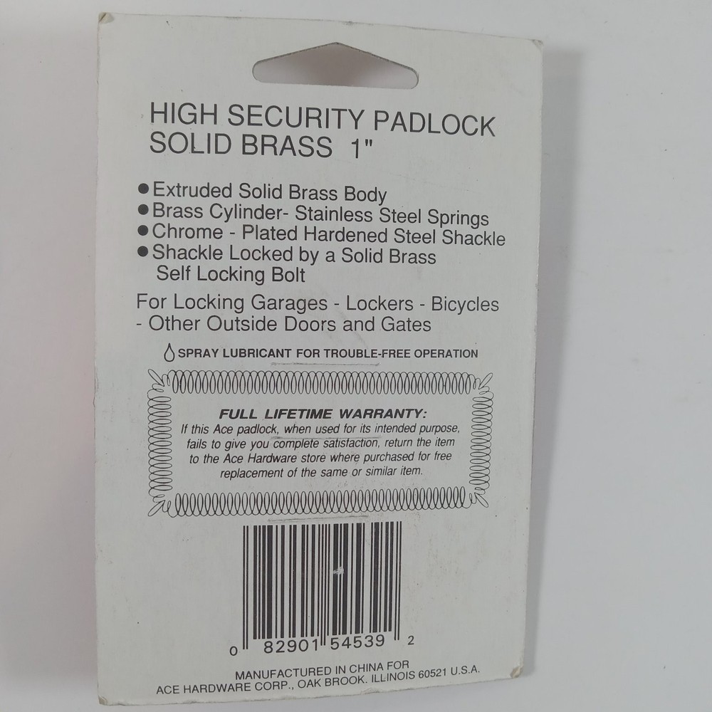 ACE 54539 Padlock 1" Solid Brass High Security Hardware