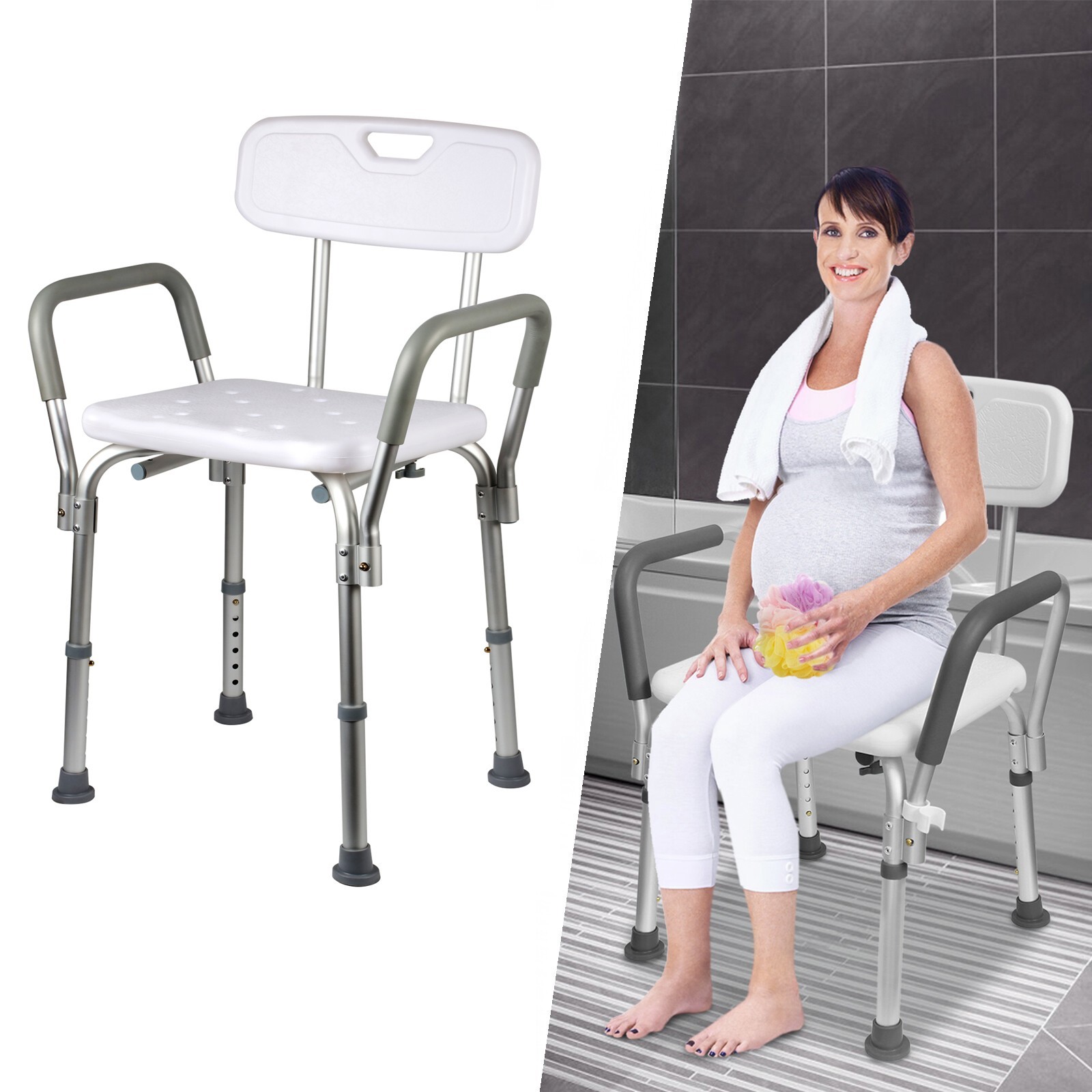 Adjustable Height 350lb Shower Chair with Arms & Back – Non-Slip Bath Stool