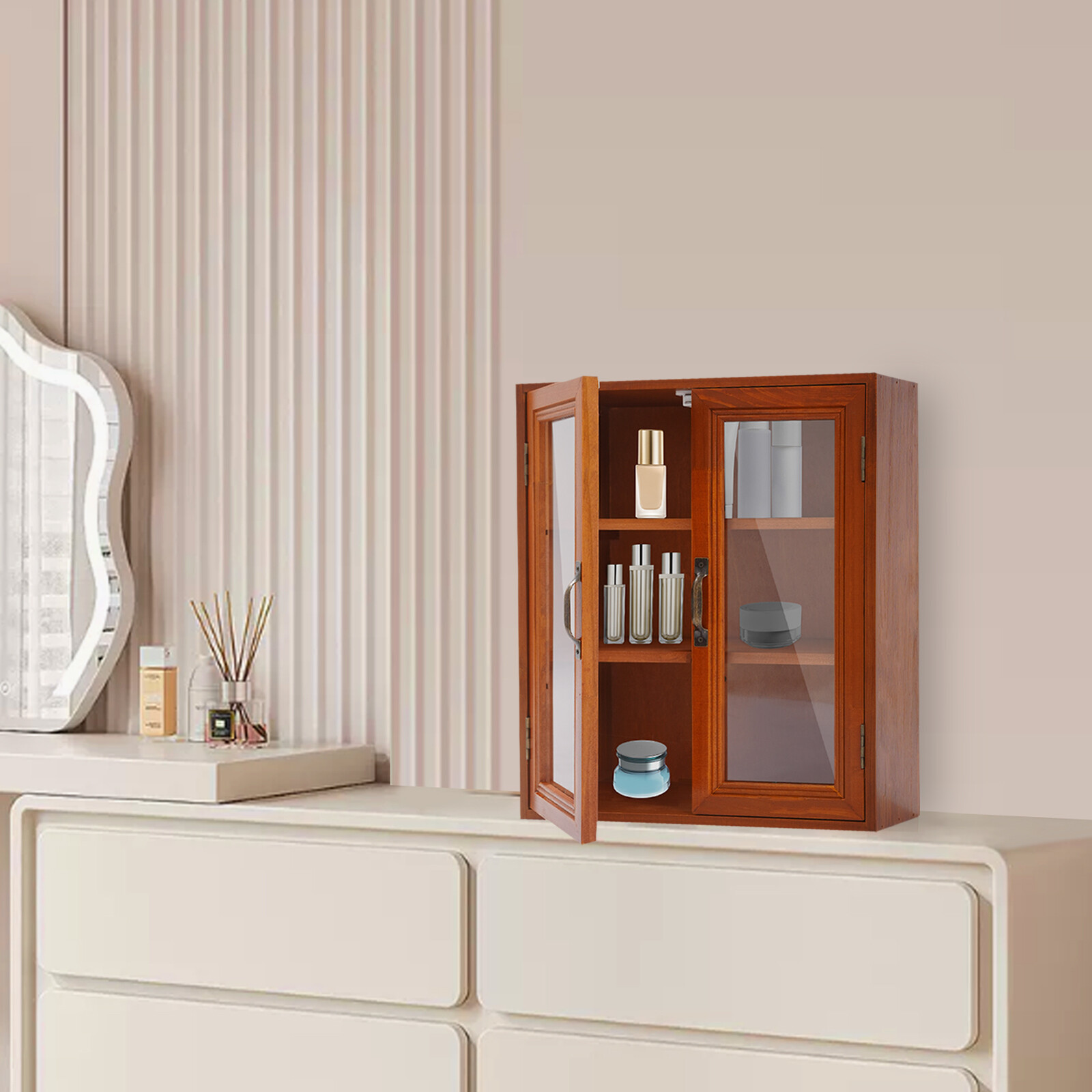 12.09*4.72*14.17in Brown Solid Wood& Acrylic Freestanding 3-tier Storage Cabinet