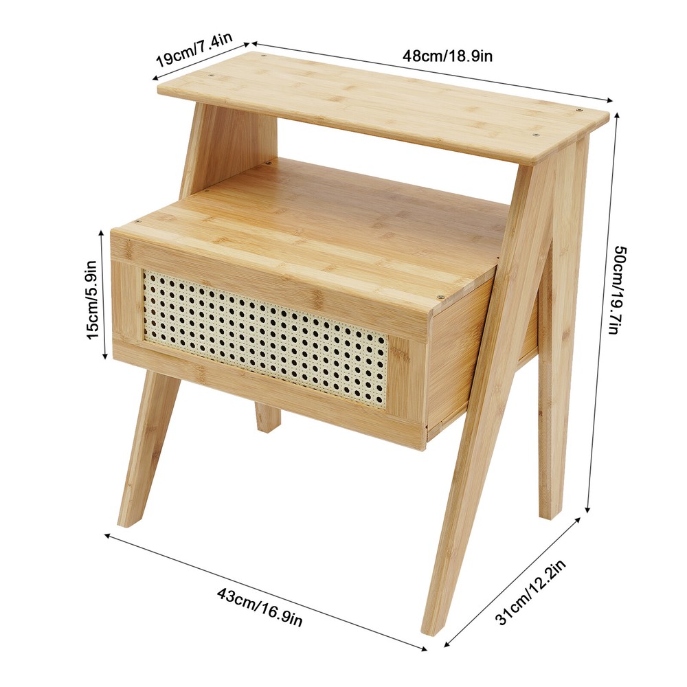 Bamboo Nightstand, End Table with Drawer, Bedside Table Sofa Side for Bedroom