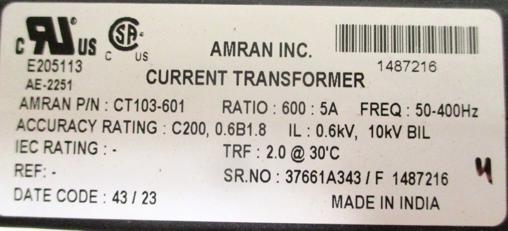 AMRAN , CT103-601 , CURRENT TRANSFORMER , RATIO : 600 / 5 , SURPLUS