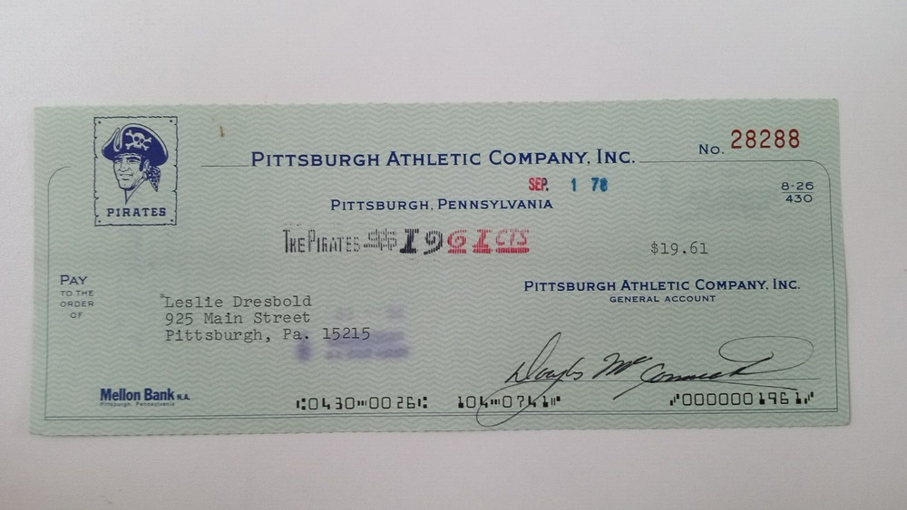 Leslie Dresbold: 1978 Pittsburgh Pirates Expense Check
