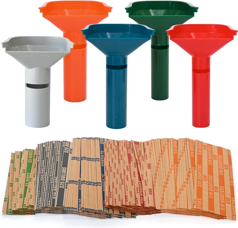 175 Assorted Flat Striped Coin Wrappers & 5 Coin Sorters Tubes, Color-Coded,E...