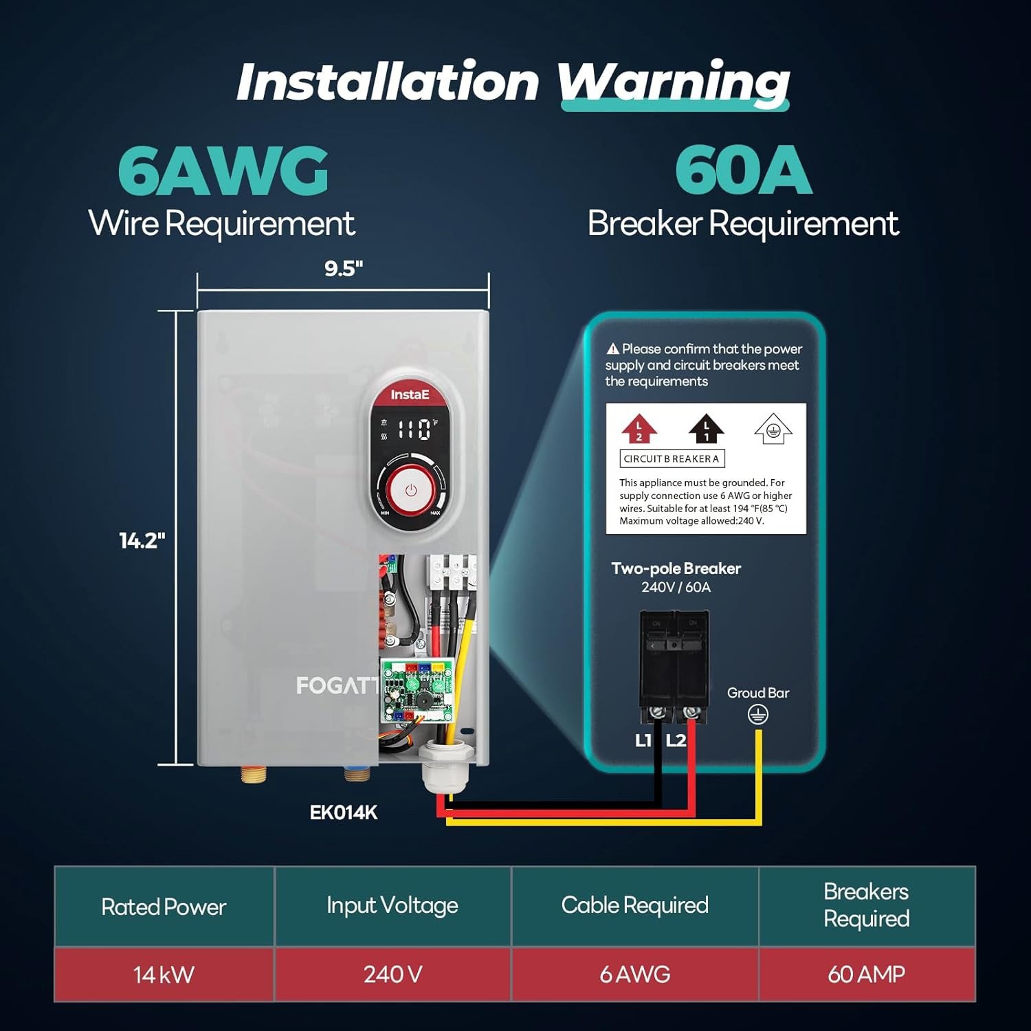 14,000W Tankless Water Heater Electric 240V 3.3 GPM On-Demand Hot Water Heater