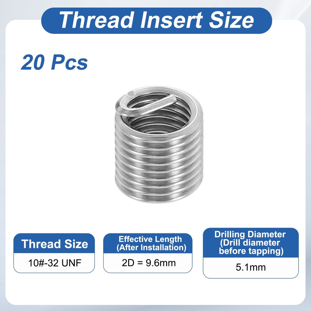 20pcs Wire Thread Inserts 10#-32 UNF 2D 9.6mm Helical Threaded Sleeve