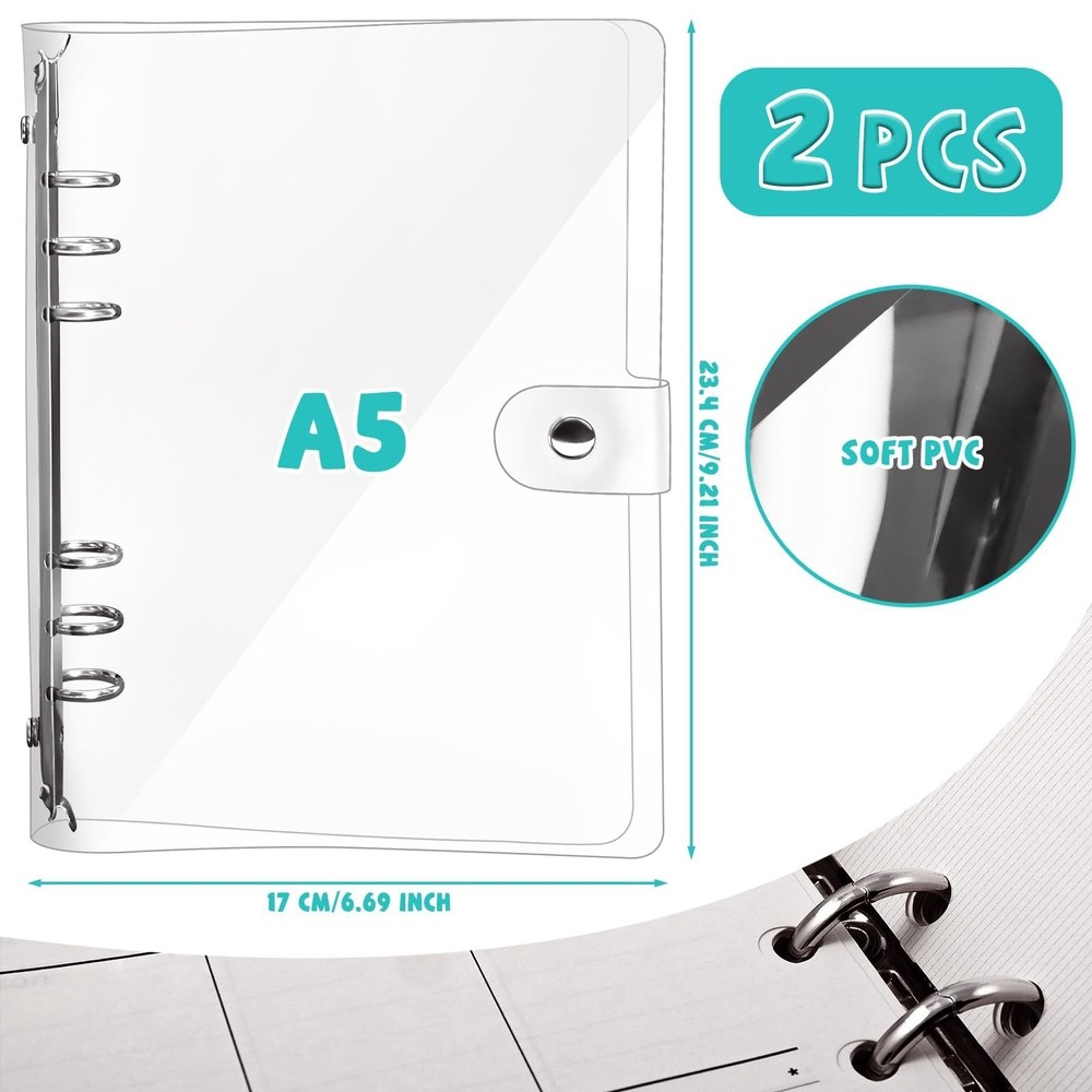 2 Pack A5 Transparent Soft PVC 6-Hole Binder Notebook Covers with Snap Button...