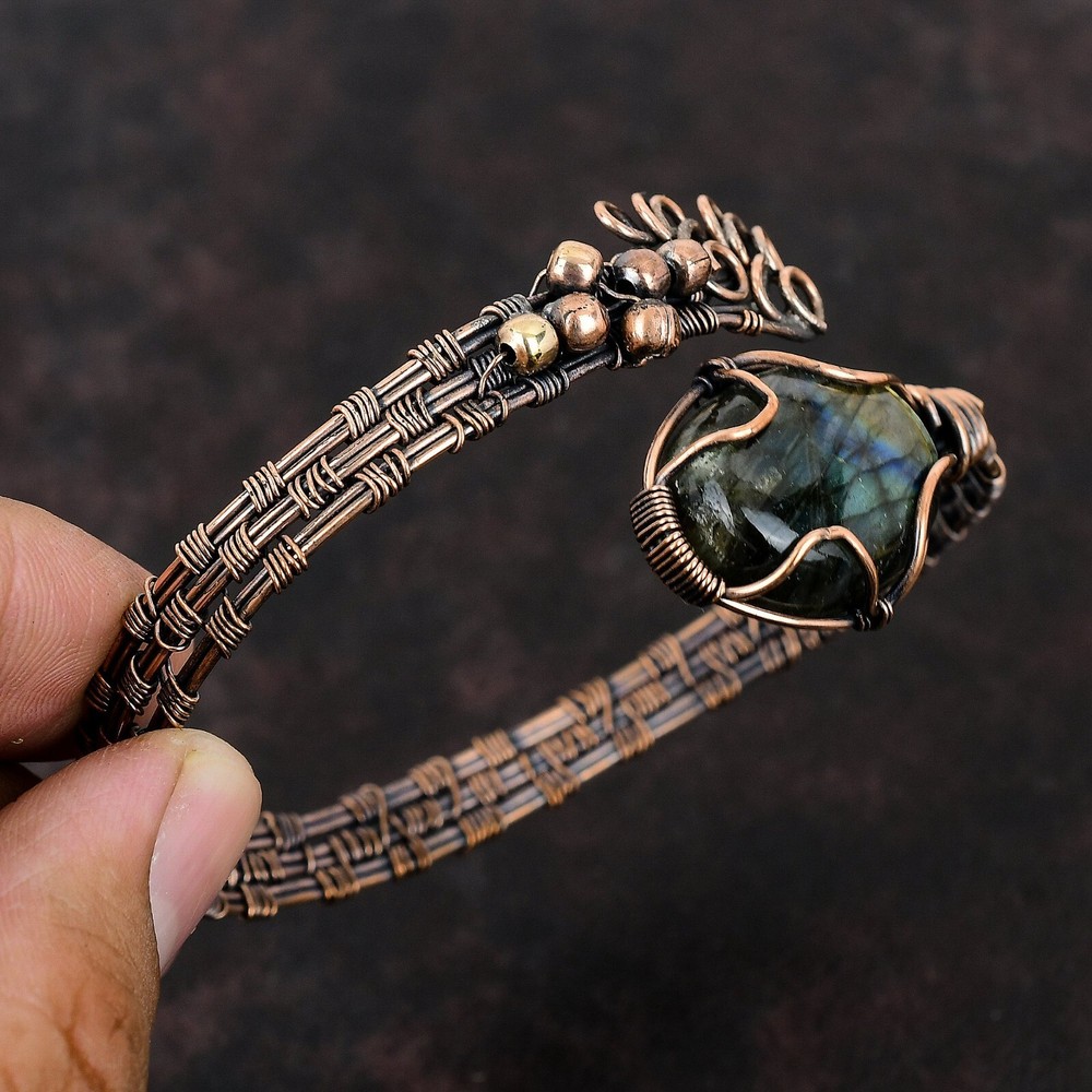 Labradorite Copper Gift For Bridesmaid Wire Wrapped Adjustable Bangle