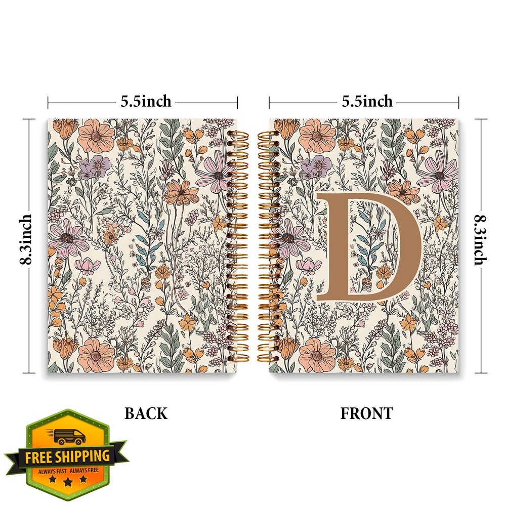 JXREQ Boho Floral Initial D Notebook Journal Spiral 5.5x8.3