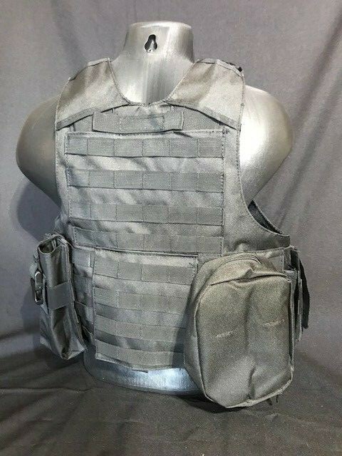 Black Tactical Vest Plate carrier w/ 2 Curved 10x12 Plates & Side Plates