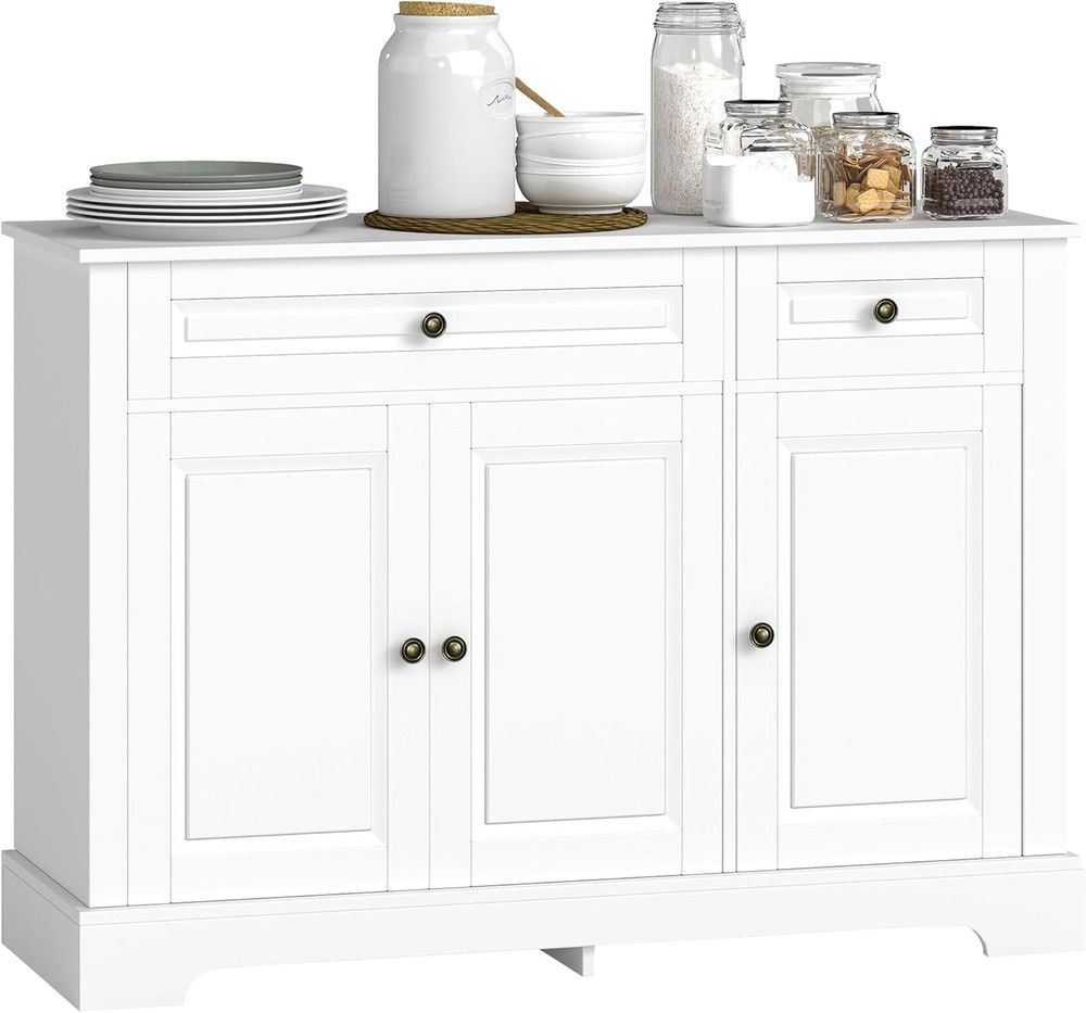 Sleek White Sideboard Buffet Cabinet with Adjustable Storage Shelves