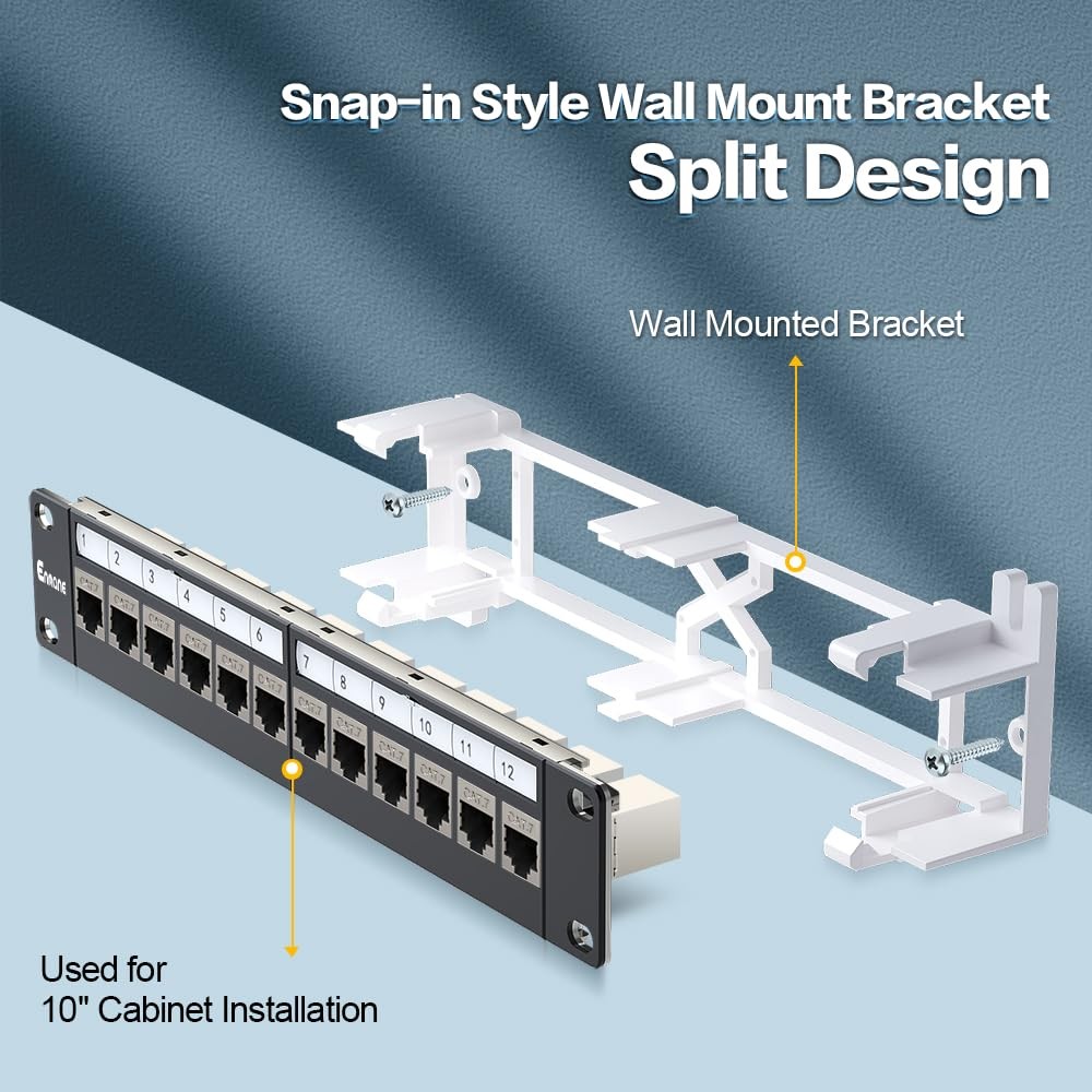 12 Port Patch Panel CAT7 Keystone Patch Panel Wall Mount 10 Inch Bracket Incl...