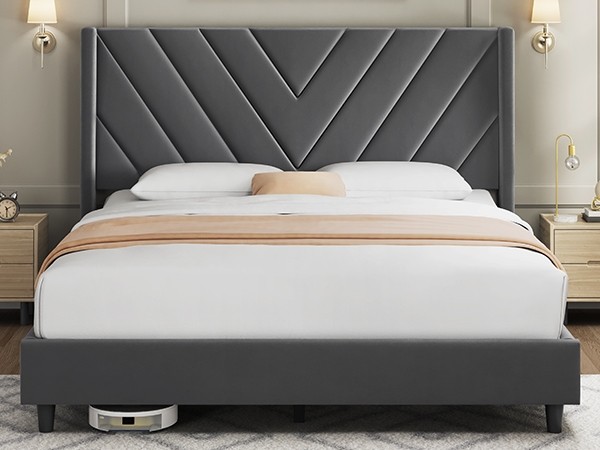 Full/Queen Upholstered Bed Frame with Wing Side Headboard, No Box Spring Needed