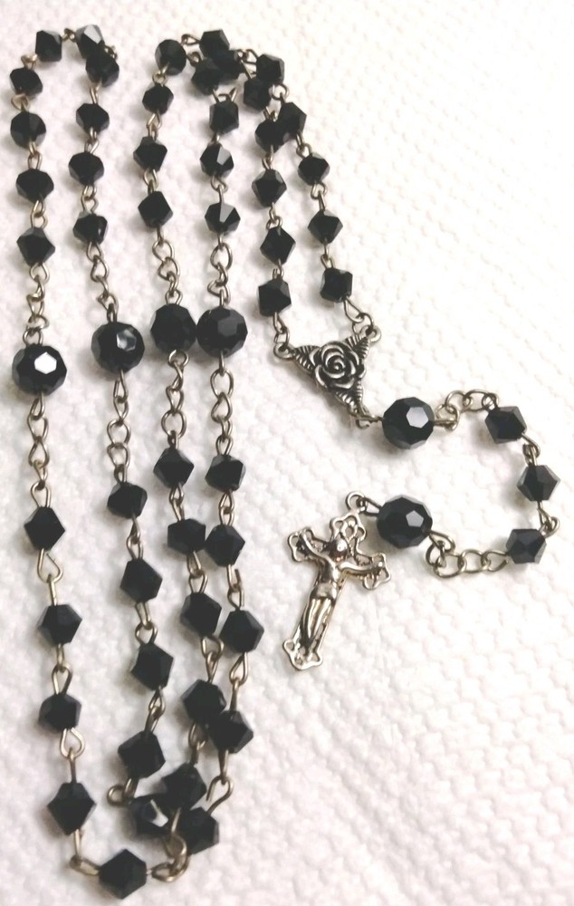 Antique Black Crystal Rosary Necklace Rose Center