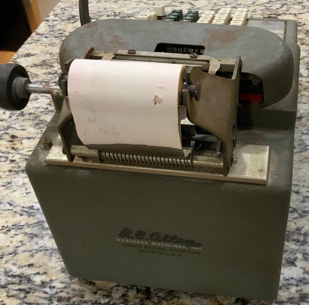Vintage RC Allen Business Adding Machine Model Adding Machine with Hand Crank