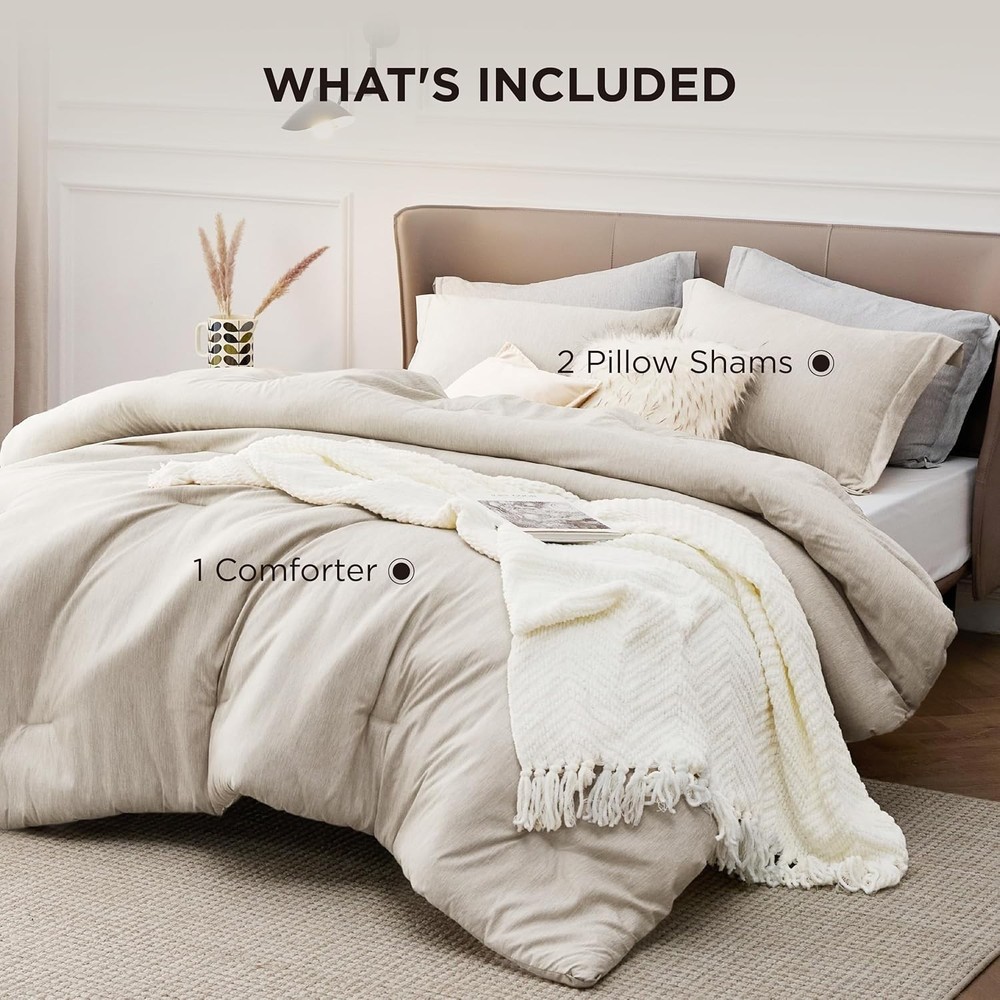 Queen Comforter Set Beige Soft Bedding All Seasons Cationic Dyed Bed Set 3