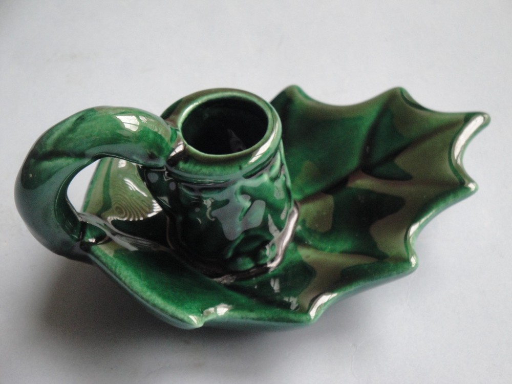 Ceramic Candlestick Holder Circa 1990's Leaf Shape Green Color