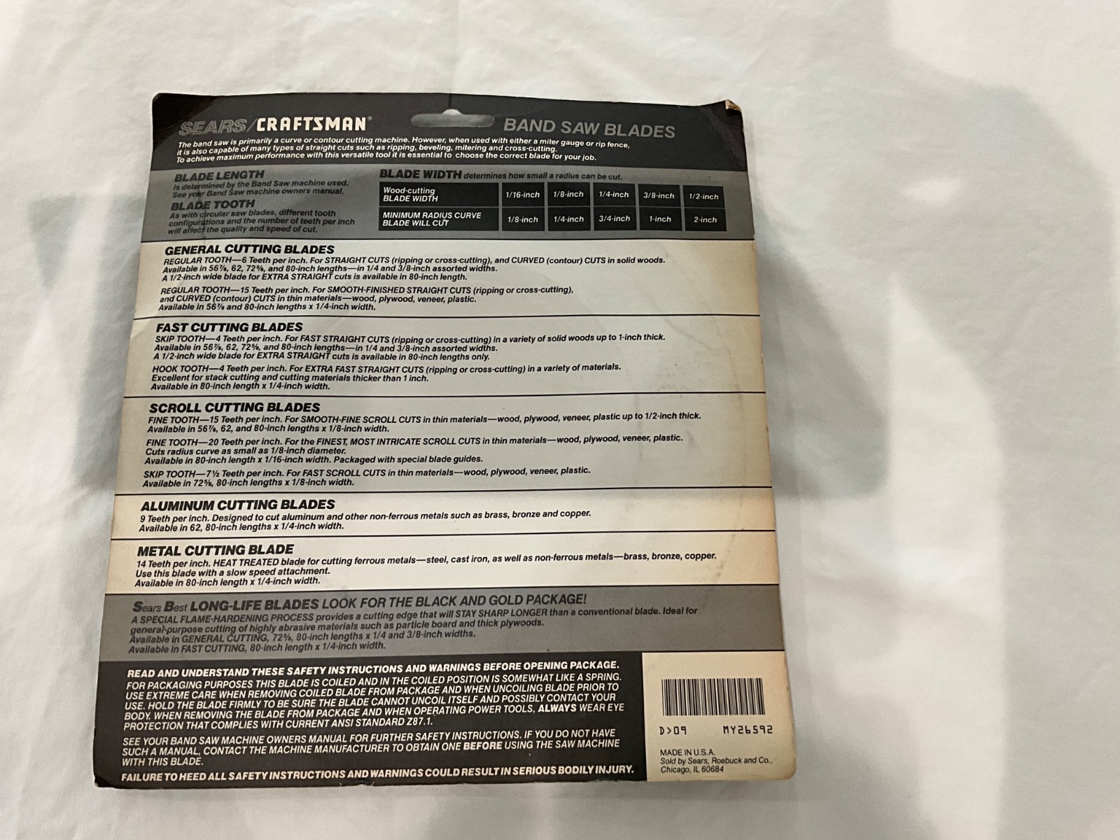 Craftsman 80” Band Saw Blade 926592 - 1/8 inch wide 15 teeth per inch, NOS