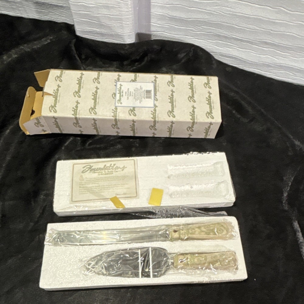 Foundations Cake Knife & Server Set Ivory Resin Handles Silver Glossy Scroll