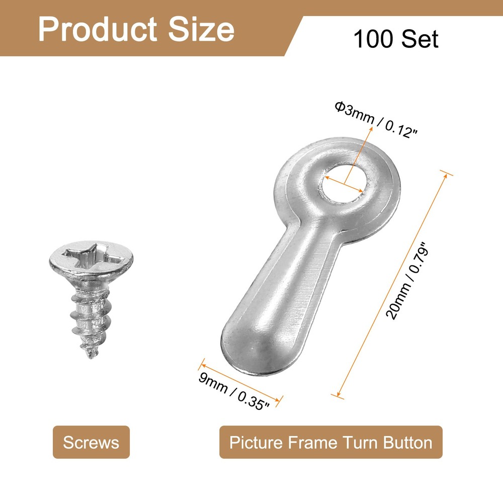 100Pcs Picture Frame Turn Button, Frame Backing Fastener with Screws, Silver