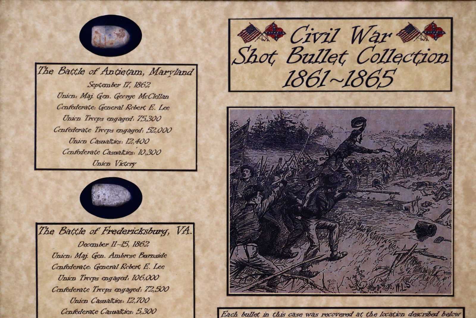 Shot Bullet Relics Collection from Major Civil War Battles in Case with COA