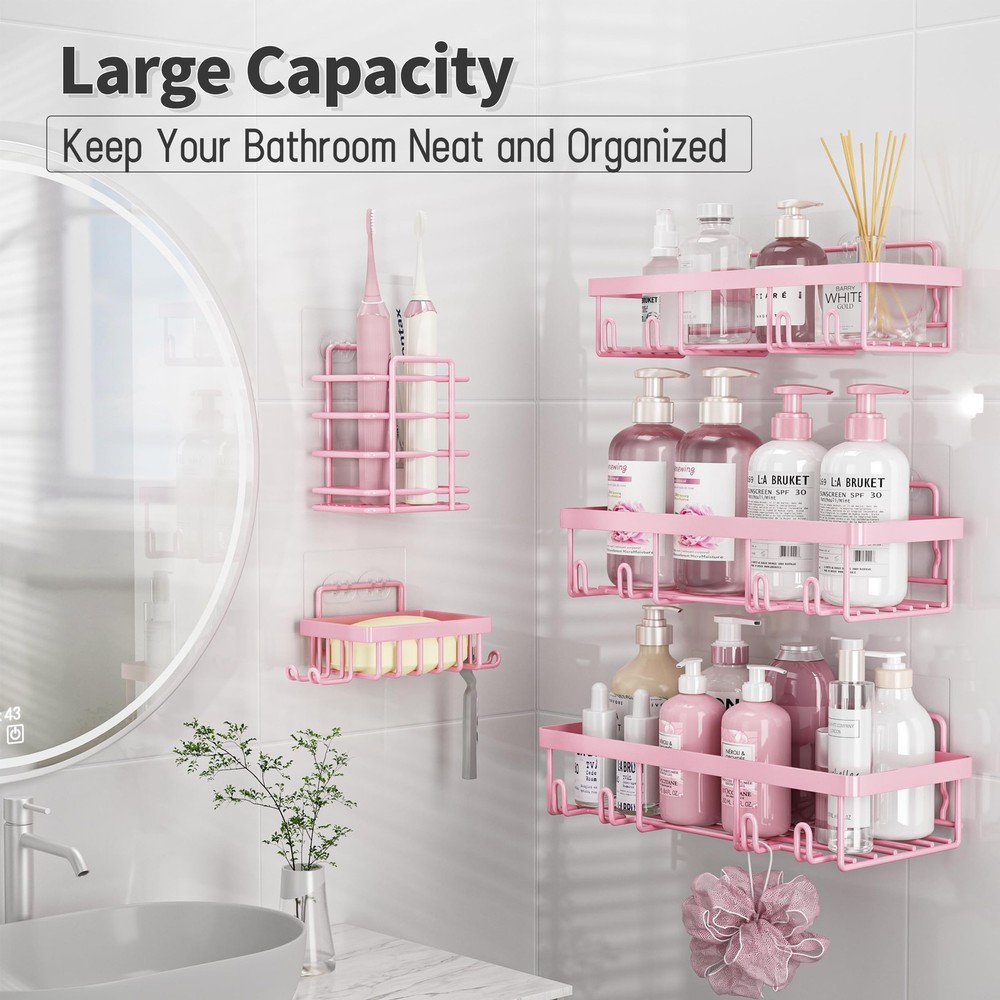 Pink Shower Caddy 5-Pack: Adhesive, Rustproof Bathroom Storage & Decor Set