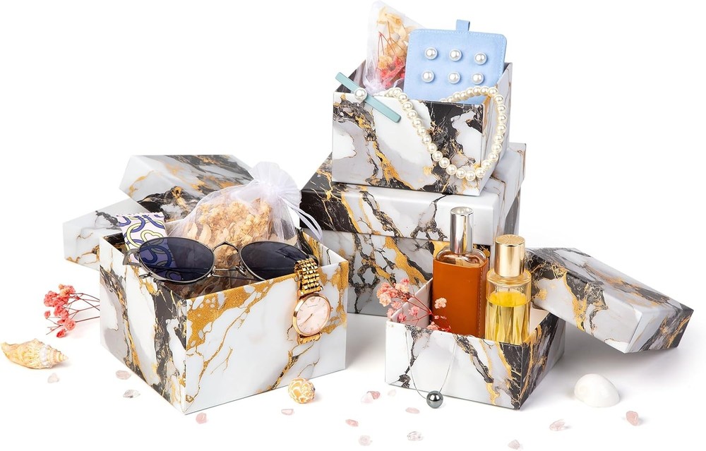 4 PC SET - Square Gift Boxes with Lids, Gold Black & White Marble, Nested Boxes