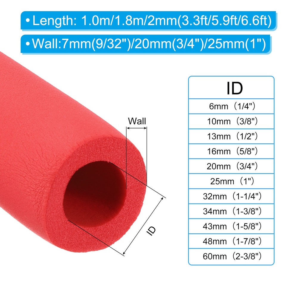 70.9"Length 0.75" ID Pipe Insulation, 2 Pcs 7mm Thickness, Red