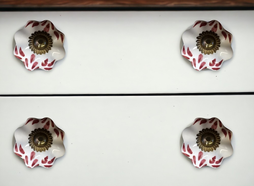 Set of Twelve Burgundy White And Copper Floral Ceramic Drawer Pull Knobs