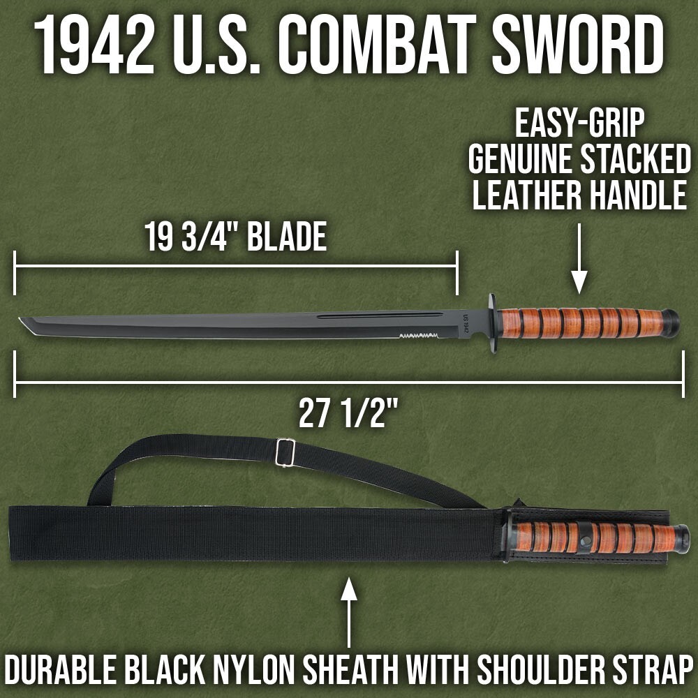 1942 US Combat Sword with Sheath | USMC Replica | Shoulder Strap | Overall 27.5"