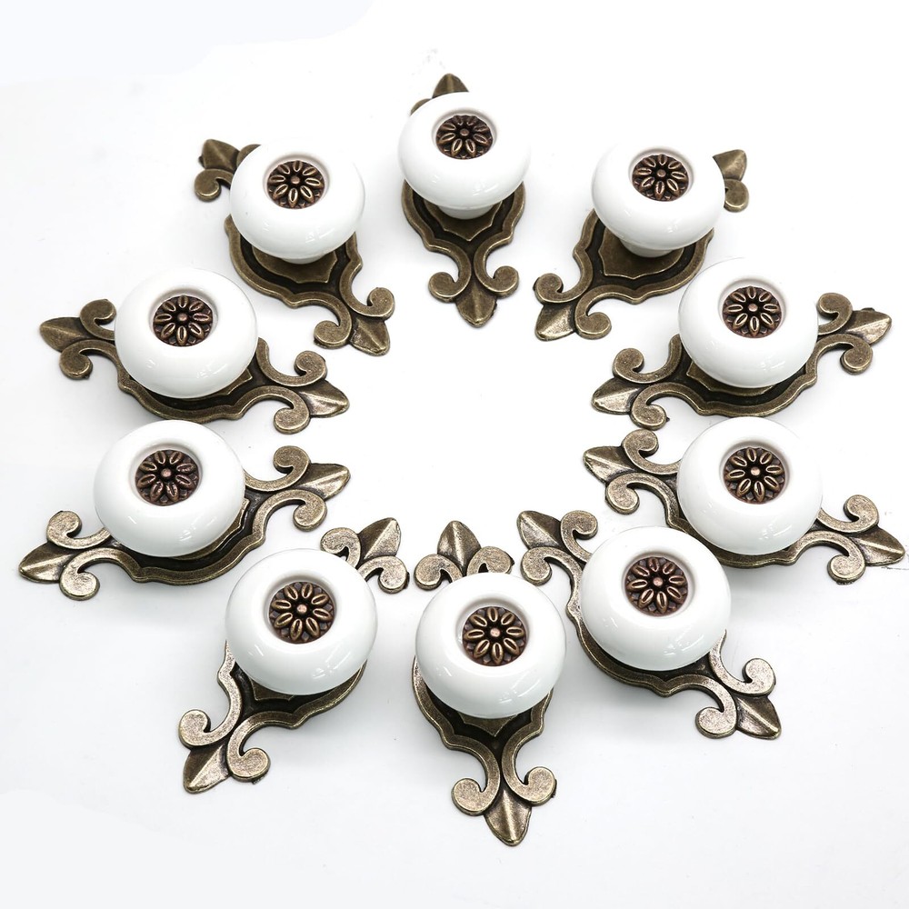 10pcs Ceramic Knobs White Dresser Knobs Vintage Cabinet Knobs with Antique Br...