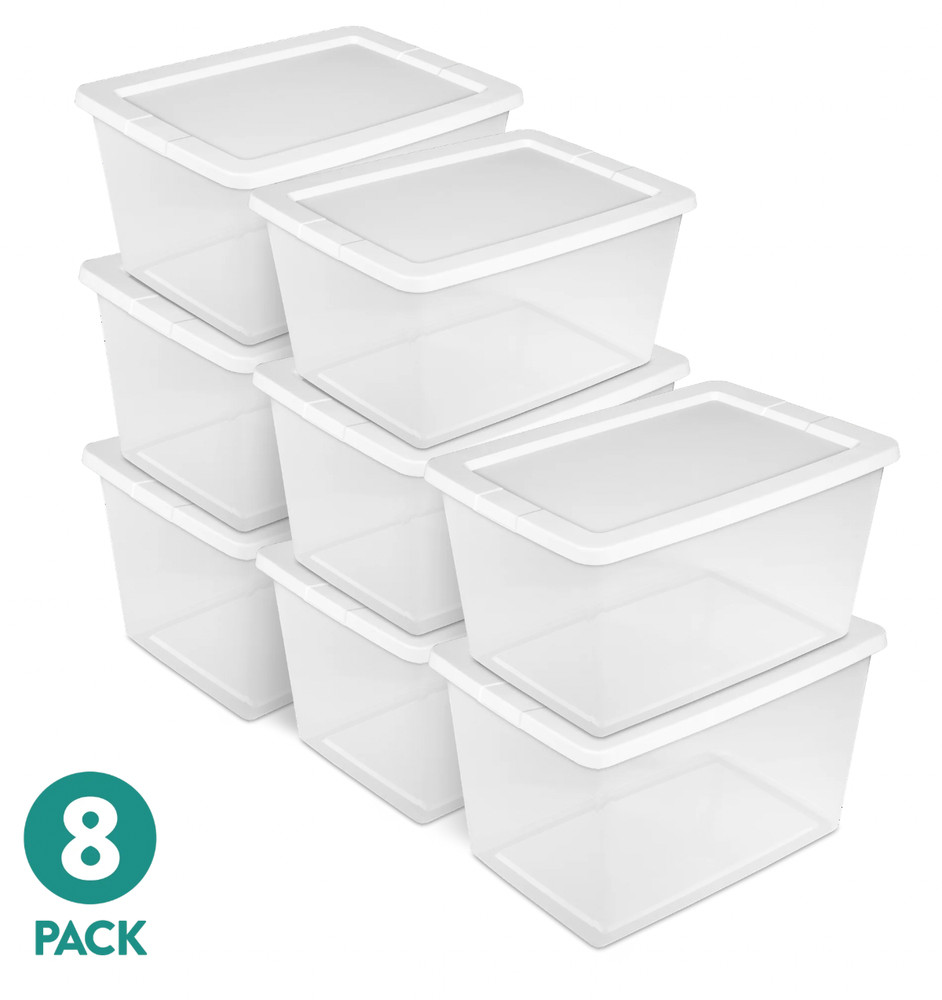 58 Qt Storage Box 8 Pack Clear Plastic Bin, White Snap Lid Stackable