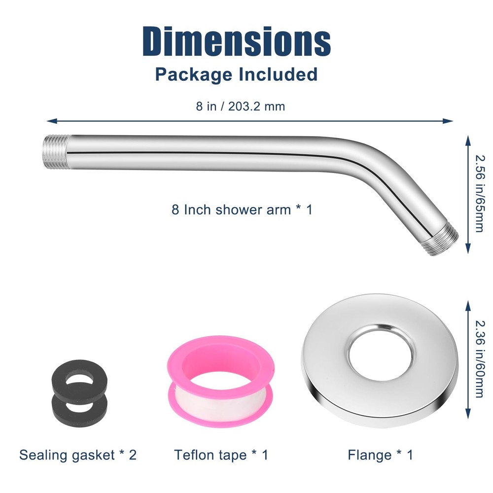 8 Inch Chrome Shower Arm with Flange - Adjustable Angle Extension Pipe