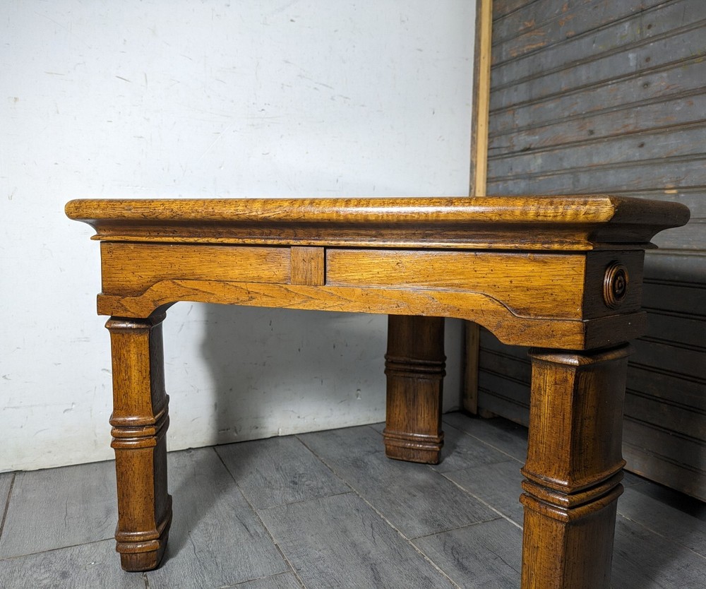 Vintage Rustic Carved Oak Wood Triangular Side Table Spanish Colonial Style
