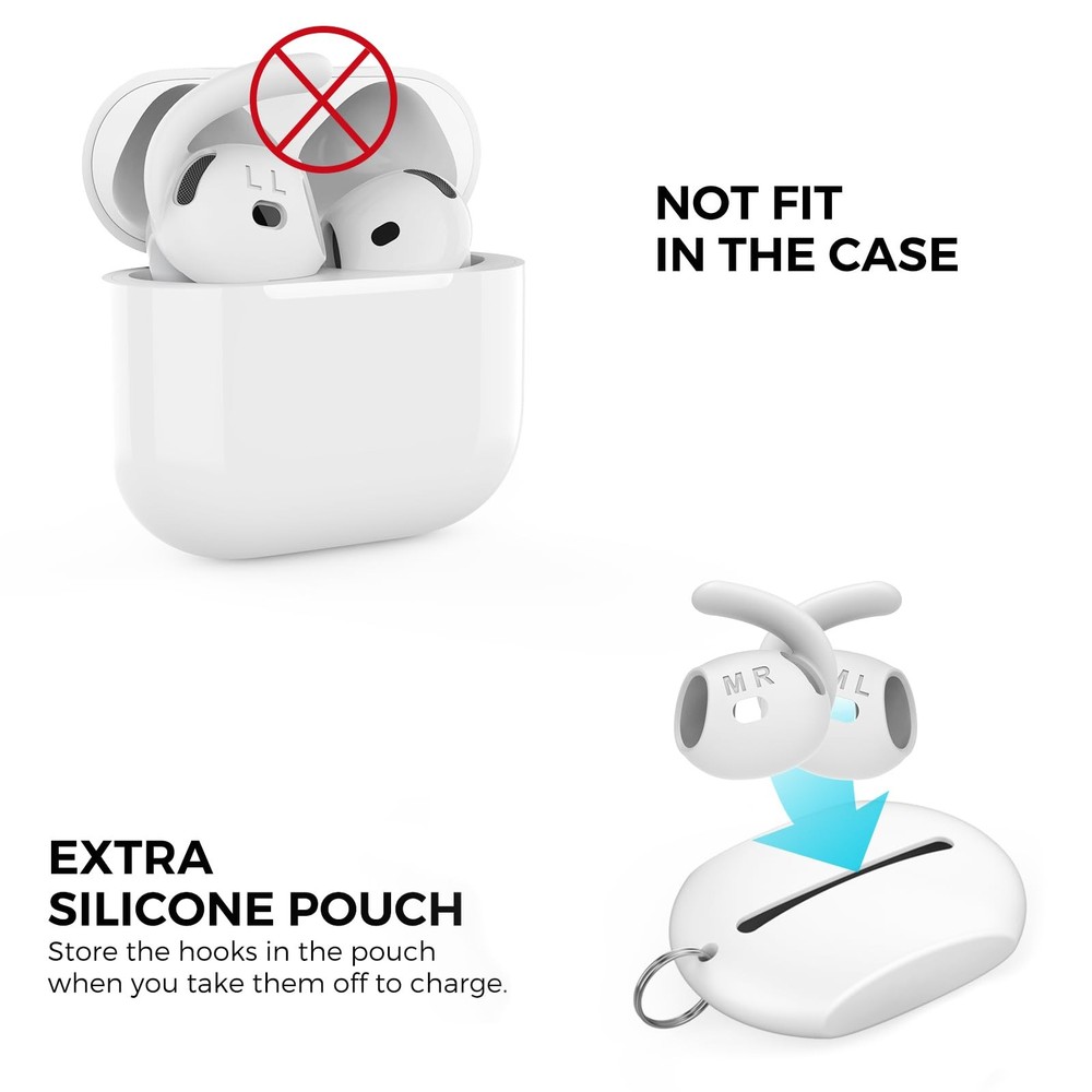 AhaStyle Ear Hooks for AirPods 4th Gen [Large+Medium+Small, White]