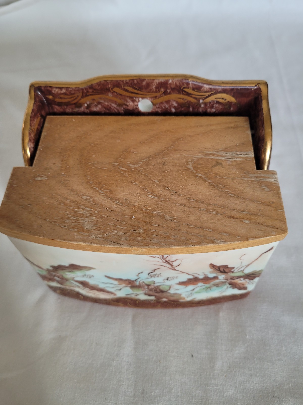 Vintage porcelain oak leaf acorn design wall salt box cellar wood tope