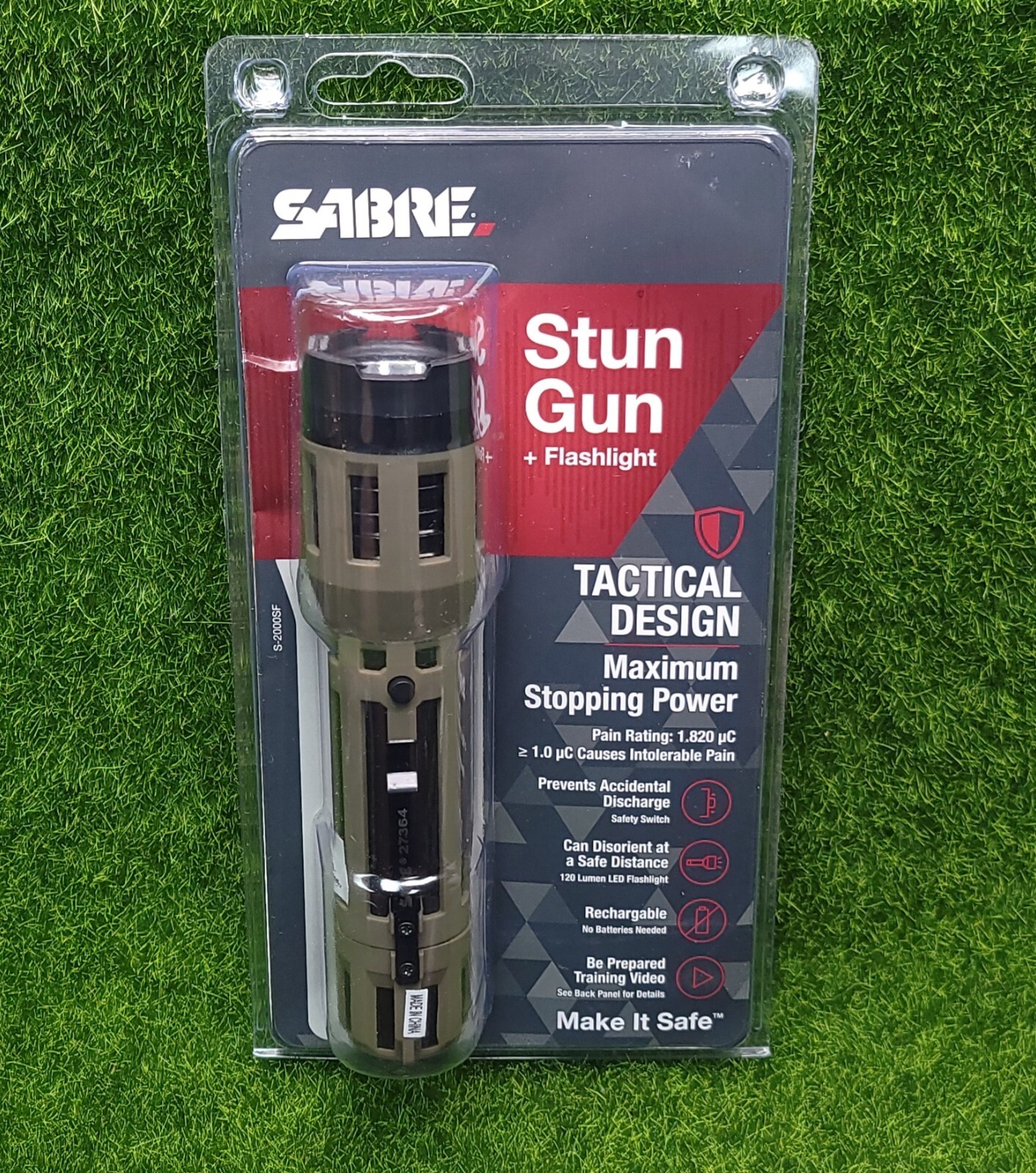 Sabre Stun Gun & 120 Lumen LED Flashlight Self Defense, OD Green - S-2000SF-G