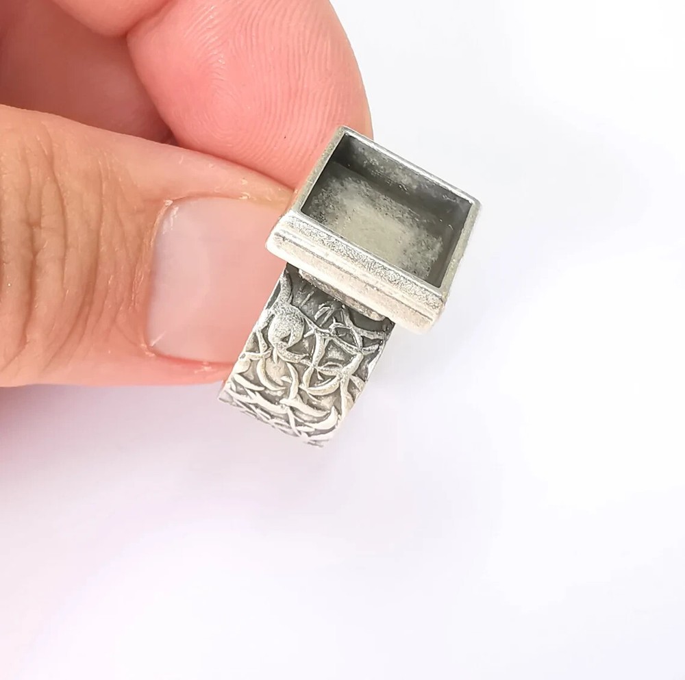 Square Antique Silver Ring Blank Settings, Cabochon Mounting Adjustable Resin