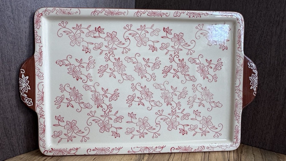 Temp-tations Floral Lace Ceramic Rectangular Platter White Red