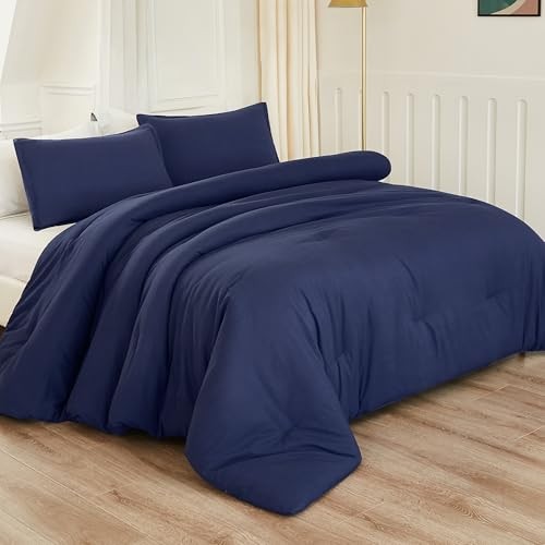 Comforter Full Size Set, 3 Pieces Lightweight Solid Full (79"x90") Navy Blue