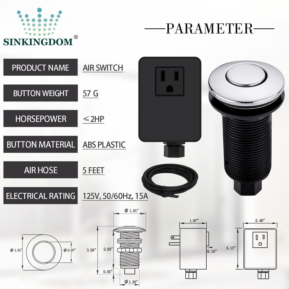 SINKINGDOM Garbage Disposal Air Switch Kit with Long Button, Chrome (Brass Cover