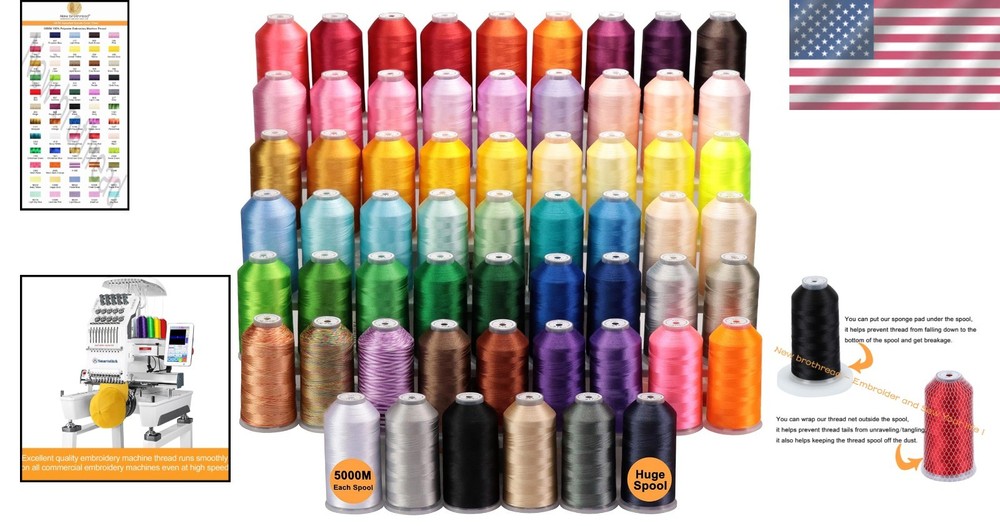Versatile 5000M Polyester Embroidery Thread - 60 Assorted Colors & Accessories