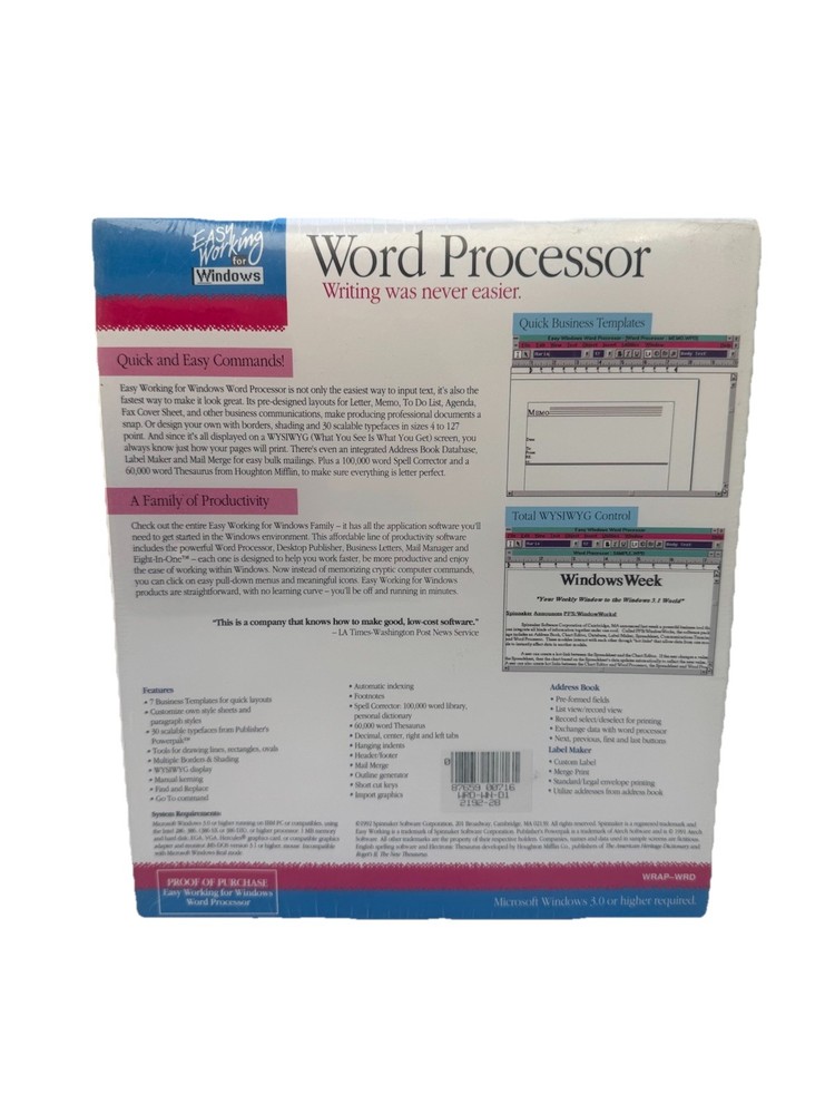 Easy Working for Windows Word Processor by Spinnaker Software 2192-28 NEW SEALED