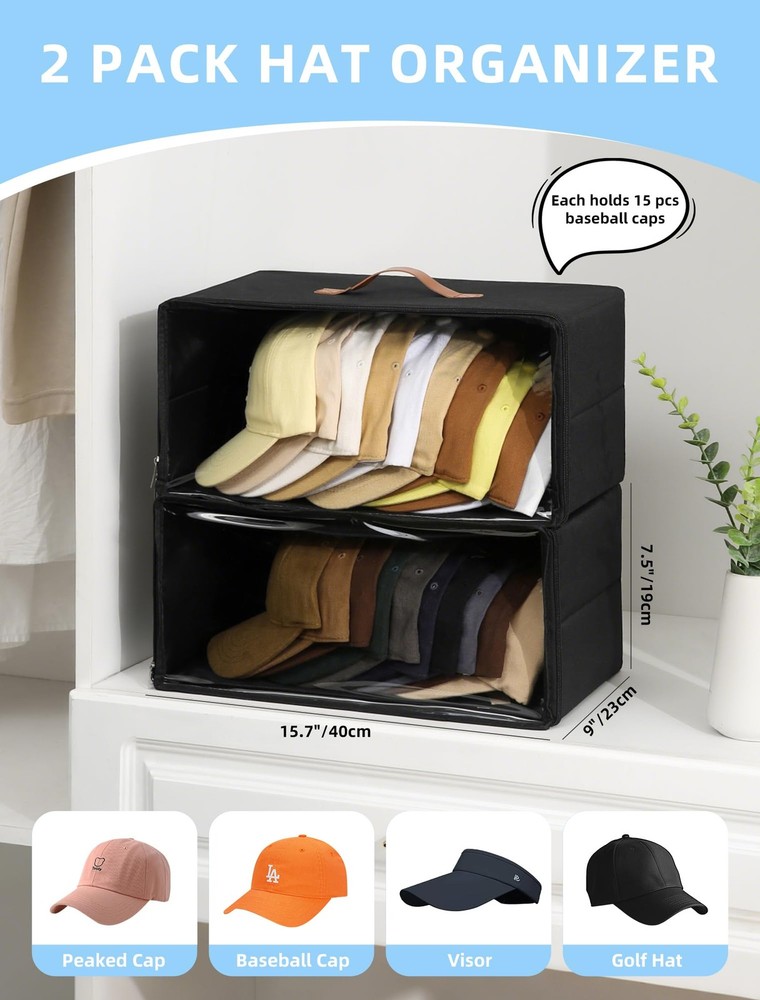 2 Pack Front-Opening Hat Organizer for Baseball Caps, Stackable Rigid Hat Sto...