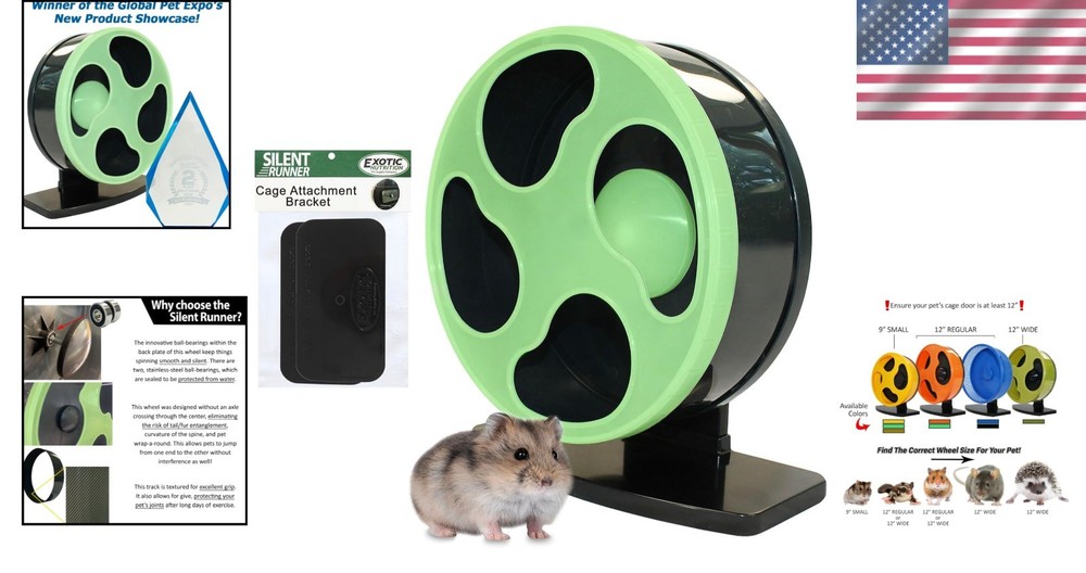 Whisper-Silent 9" Hamster Exercise Wheel + Adjustable Stand & Cage Attachment